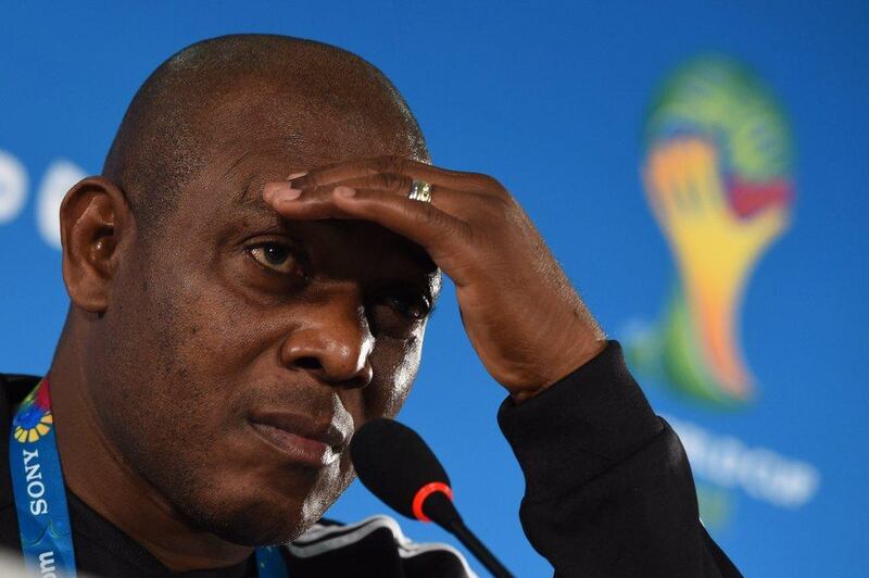 Stephen Keshi shown at a press conference at the 2014 World Cup in Brazil, where he coached Nigeria to the round of 16. He died on Wednesday at 54. Marius Becker / EPA 