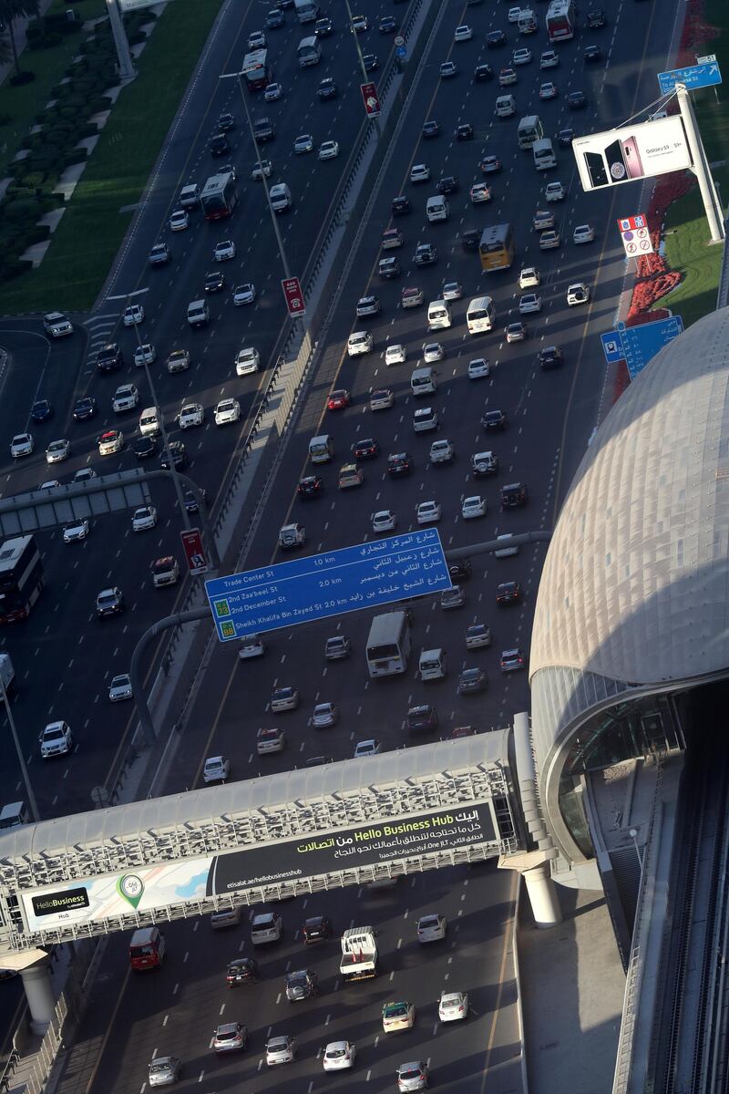 Dubai, United Arab Emirates - March 21st, 2018: Traffic in Downtown, Dubai. Wednesday, March 21st, 2018 in Downtown, Dubai. Chris Whiteoak / The National