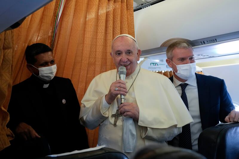 Pope Francis greets journalists onboard the papal plane before his five-day pastoral visit to Cyprus and Greece. The visit has been eagerly awaited by the estimated 25,000 Catholics in Cyprus. These include thousands of Maronites whose ancestors arrived from Syria and Lebanon, but most are overseas workers from the Philippines and South Asia, along with African migrants. AP