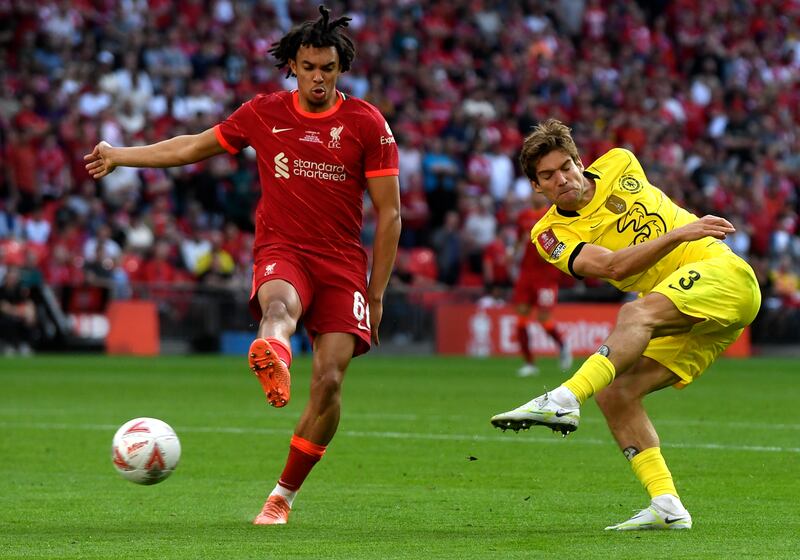 Chelsea's Marcos Alonso in action against Trent Alexander-Arnold. EPA