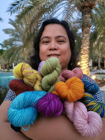 Knitting Amiras of The UAE member Jocelyn Viernes hand-dyes her yarn. Jocelyn Viernes