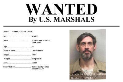This image provided by the US Marshals Service shows part of a wanted poster of Casey Cole White. US Marshals Service via AP