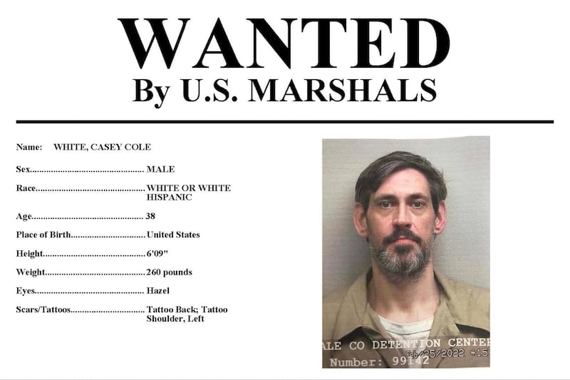 This image provided by the U. S.  Marshals Service on Sunday, May 1, 2022 shows part of a wanted poster for Casey Cole White.  On Sunday, the U. S.  Marshals announced it is offering up to $10,000 for information about escaped inmate Casey Cole White, 38, and a “missing and endangered” correctional officer, Vicky White, 56, who disappeared Friday after they left the Lauderdale County Detention Center in Florence, Ala.  (U. S.  Marshals Service via AP)