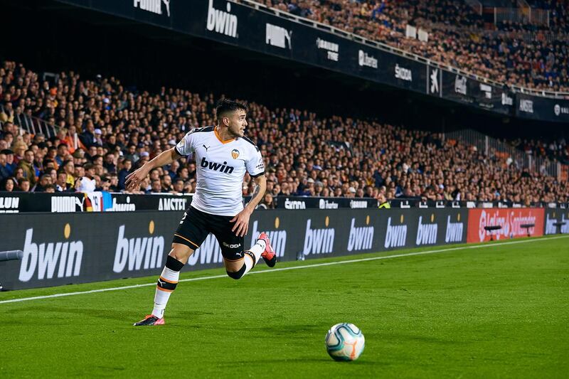 VALENCIA, SPAIN - FEBRUARY 14: Maxi Gomez of Valencia CF in action during the Liga match between Valencia CF and Club Atletico de Madrid at Estadio Mestalla on February 14, 2020 in Valencia, Spain. (Photo by David Aliaga/MB Media/Getty Images)