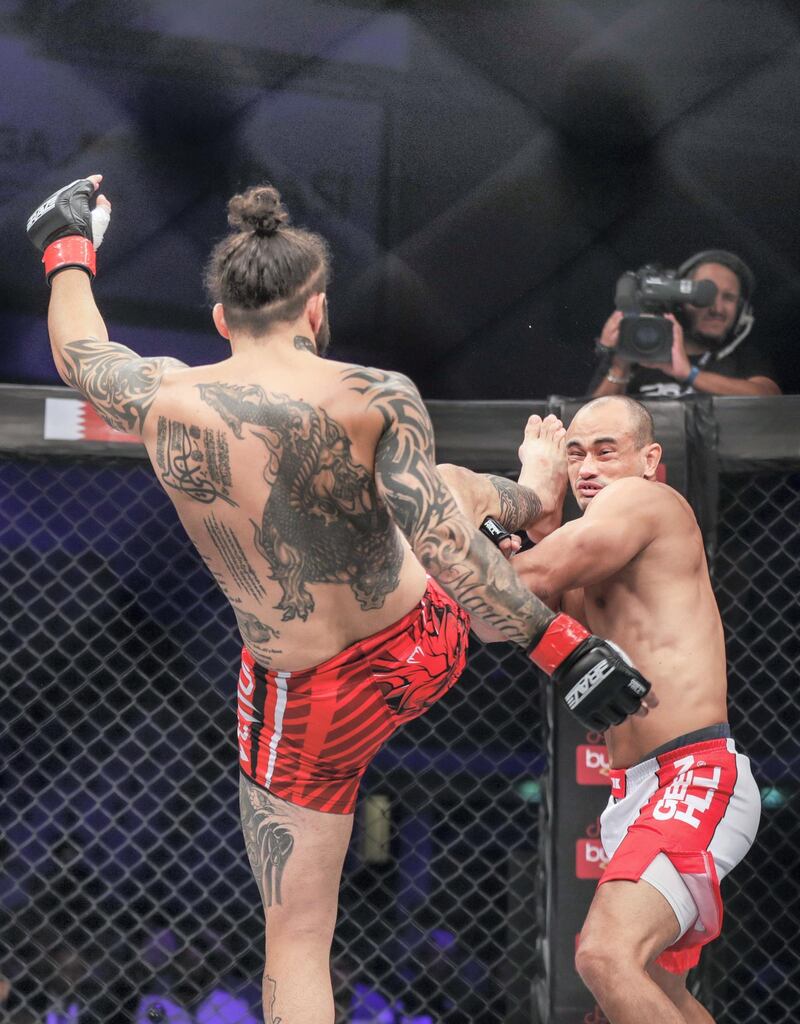 Abu Dhabi, United Arab Emirates, October 4, 2019.   --  Brave Combat Federation 27 at the Mubadala Arena.
Middleweight:
Mohammad Fakhreddine (LEB) kicks Christofer Silva (BRA) to take the win during the first round.
Victor Besa / The National
Section:  SP
Reporter:  Amith Passela