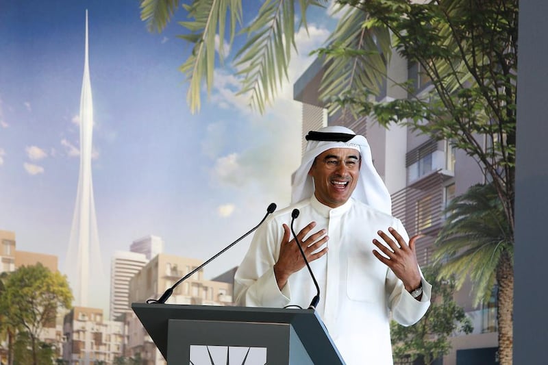 Mohamed Alabbar, chairman of Emaar Properties, during the unveiling of the new observation tower for Dubai. Pawan Singh / The National