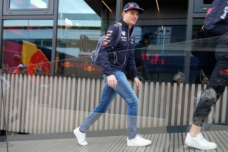Verstappen arrives at the Silverstone race track. AP
