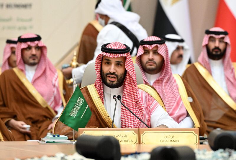 Saudi Crown Prince Mohammed bin Salman speaks during the Jeddah Security and Development Summit, on Saturday. AFP