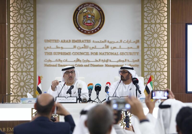 Abu Dhabi, United Arab Emirates- Abdulrahman Al Owais, Minister of Health with Hassan Ibrahim Al Hammadi, Minister of Education at the briefing on corona virus at the National Emergency Crisis and Disaster Management Authority.   Leslie Pableo for The National