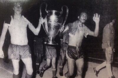 Dr Mohamed Kassala holding the European Cup with Phil Thompson of Liverpool. Liverpool were in the UAE to play a friendly match against Al Nasr at Al Maktoum Stadium, on May 26 1978. Photo Courtesy Dr Mohamed Kassala's Private Collection