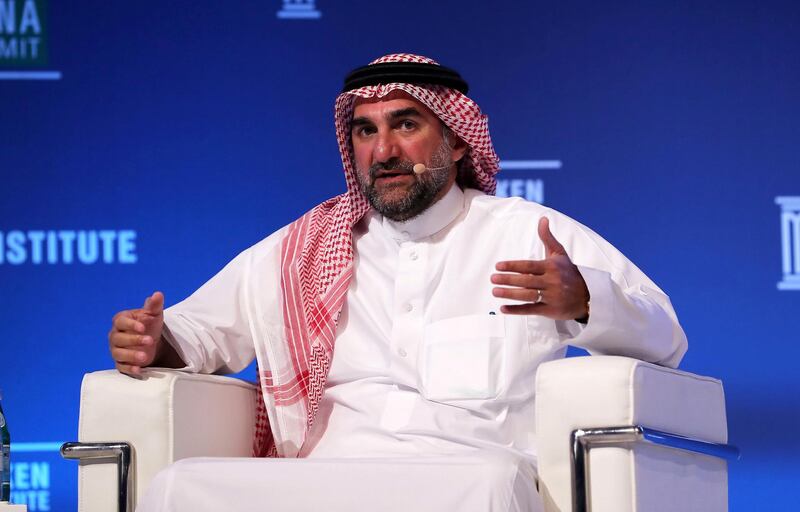 ABU DHABI , UNITED ARAB EMIRATES , February 13 – 2019 :- Yasir Othman Al-Rumayyan, Managing Director and Board Member at Public Investment Fund of Saudi Arabia speaking during the Milken Institute MENA Summit 2019 held at The St. Regis Saadiyat Island Resort in Abu Dhabi.  ( Pawan Singh / The National ) For News/Business/Instagram. Story by Dania 