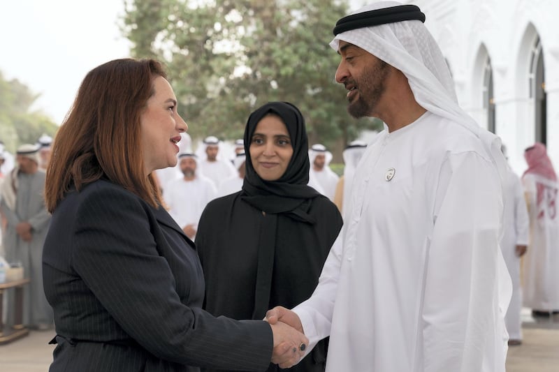 ABU DHABI, UNITED ARAB EMIRATES - February 11, 2019: HH Sheikh Mohamed bin Zayed Al Nahyan, Crown Prince of Abu Dhabi and Deputy Supreme Commander of the UAE Armed Forces (R), receives Maria Fernanda Espinosa, President of the United Nations General Assembly (L), during a Sea Palace barza. Seen with HE Maryam Eid Al Mheiri, CEO of Media Zone Authority & and twofour54 (C). 

( Ryan Carter / Ministry of Presidential Affairs )?
---