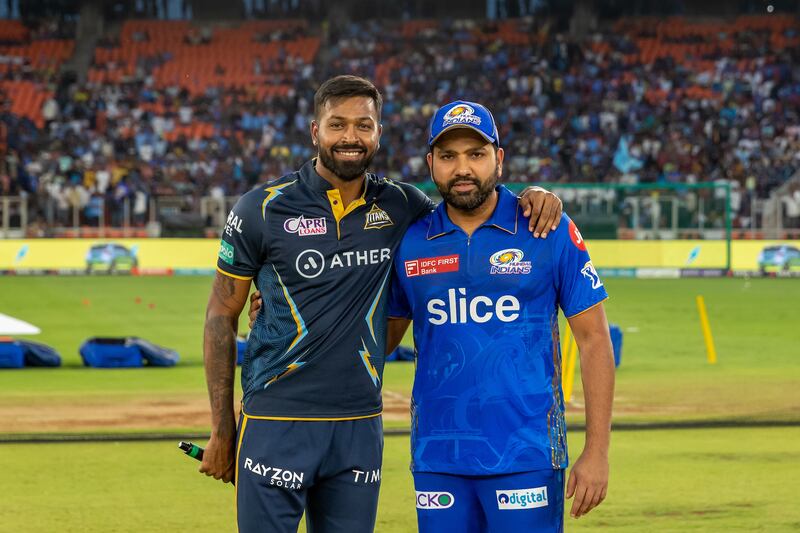 Hardik Pandya, who was the captain of Gujarat Titans, is now back at Mumbai Indians as skipper in place of Rohit Sharma, right. Sportzpics for IPL