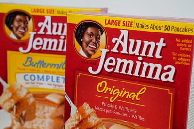 Boxes of Aunt Jemima pancake batter are displayed on Wednesday, June 17, 2020, in Long Beach, Calif. Quaker Oats is retiring the 131-year-old Aunt Jemima brand, saying the company recognizes the character's origins are "based on a racial stereotype." (AP Photo/Ashley Landis)