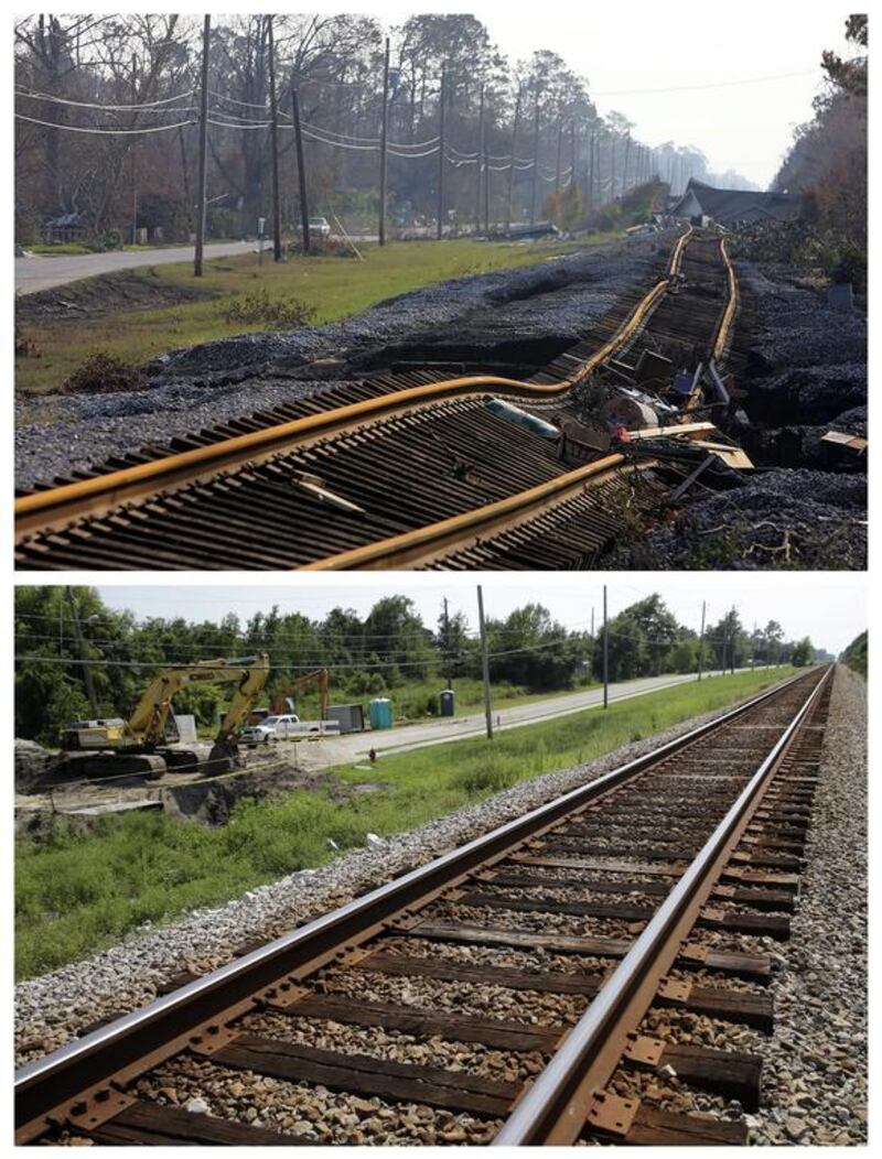 A damaged railway line in Mississippi and the same site a decade later which is undergoing repairs to drainage pipes underneath the track.