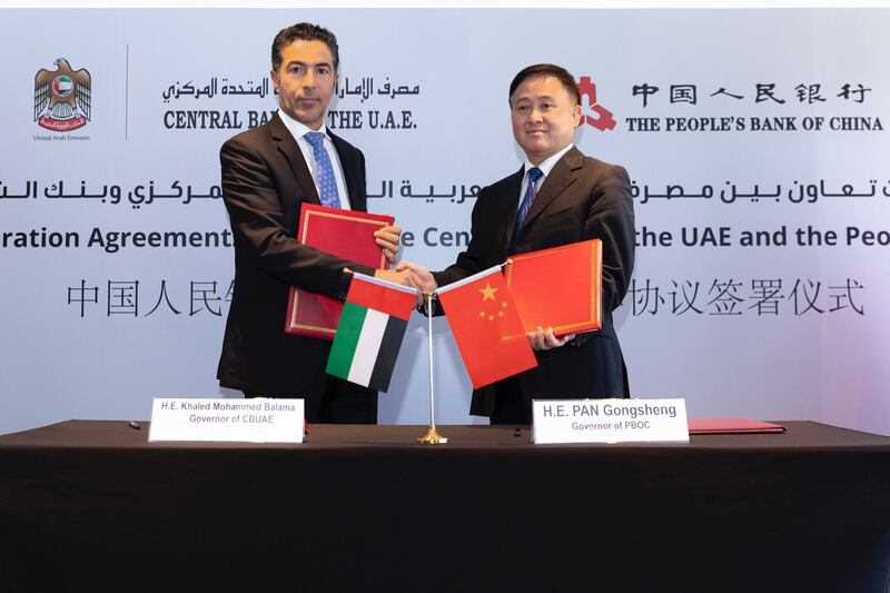 Khaled Balama, UAE Central Bank Governor, and Pan Gongsheng, Governor of the People’s Bank of China, renew a bilateral currency swap agreement for five years in Hong Kong. Photo: Central Bank of the UAE
