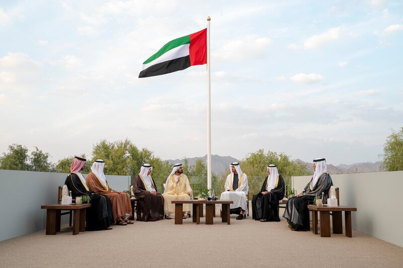 From left: Sheikh Ammar bin Humaid Al Nuaimi, Crown Prince of Ajman, Sheikh Sultan bin Mohammed Al Qasimi, Crown Prince and Deputy Ruler of Sharjah, Sheikh Saud bin Rashid Al Mualla, Ruler of Umm Al Quwain, Sheikh Mohammed bin Rashid, Vice President and Ruler of Dubai, Sheikh Mohamed bin Zayed, Crown Prince of Abu Dhabi and Deputy Supreme Commander of the Armed Forces, Sheikh Hamad bin Mohammed Al Sharqi, Ruler of Fujairah and Sheikh Saud bin Saqr Al Qasimi, Ruler of Ras Al Khaimah, attend the Federal Supreme Council meeting at the Sheikh Rashid Palace in Hatta, Dubai, in December 2021. Photo: Presidential Court. 