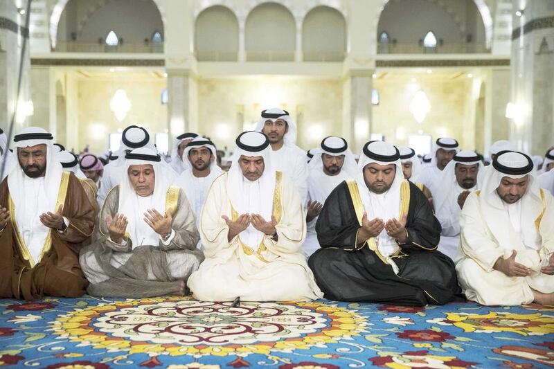 Sheikh Hamad bin Mohammed Al Sharqi, Ruler of Fujairah, attends Eid prayers. Courtesy Wam