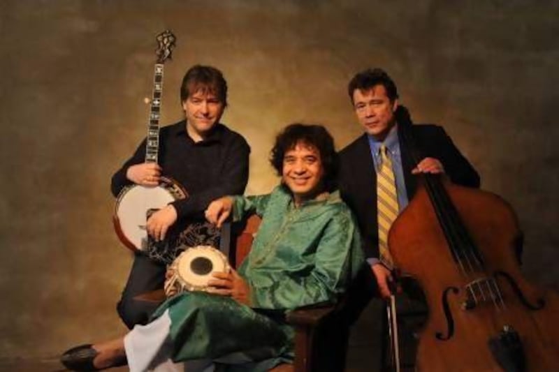 Zakir Hussain (tabla), alongside Edgar Meyer (upright bass), Béla Fleck (banjo).  Photo courtesy RNH Events