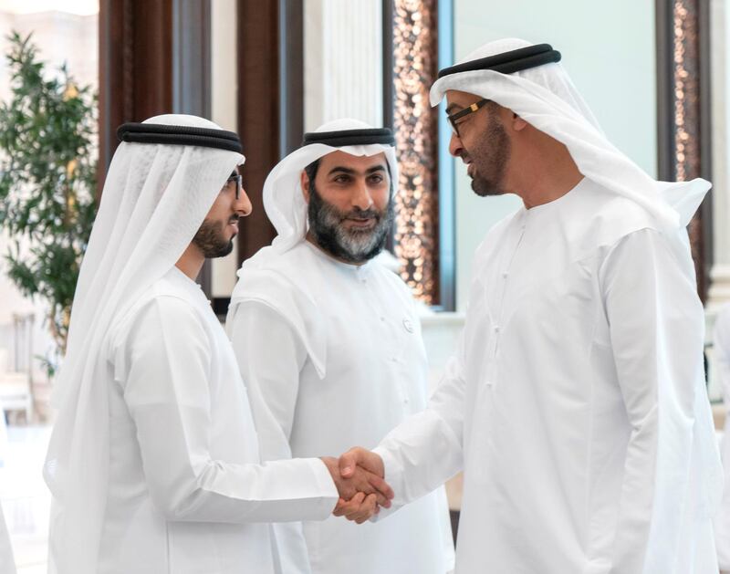ABU DHABI, UNITED ARAB EMIRATES - July 17, 2019: HH Sheikh Mohamed bin Zayed Al Nahyan, Crown Prince of Abu Dhabi and Deputy Supreme Commander of the UAE Armed Forces (R) receives the honors and outstanding students of Grade 12 and their parents, at Al Bateen Palace.

( Rashed Al Mansoori / Ministry of Presidential Affairs )
---