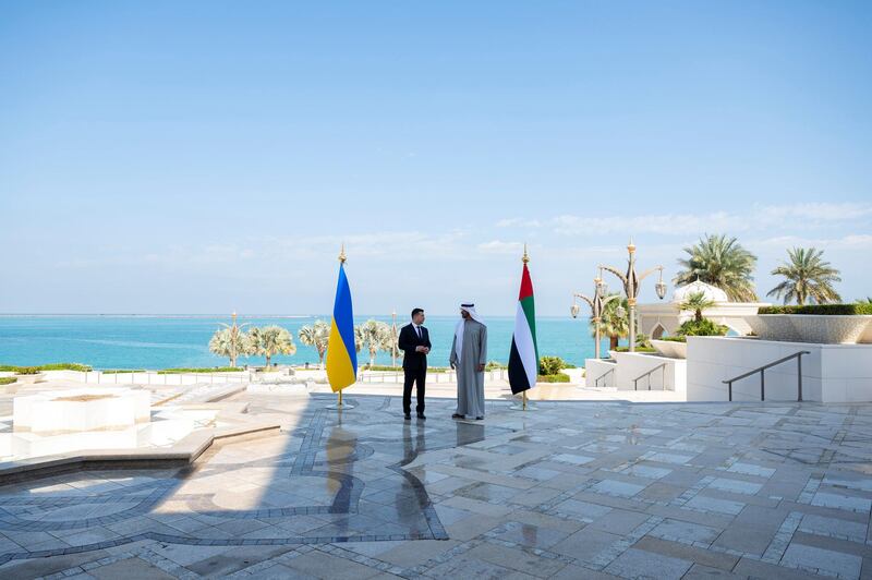 Sheikh Mohamed bin Zayed meets Ukrainian President, Volodymyr Zelenskiy, on Sunday. Mohamed Al Hammadi / Ministry of Presidential Affairs 