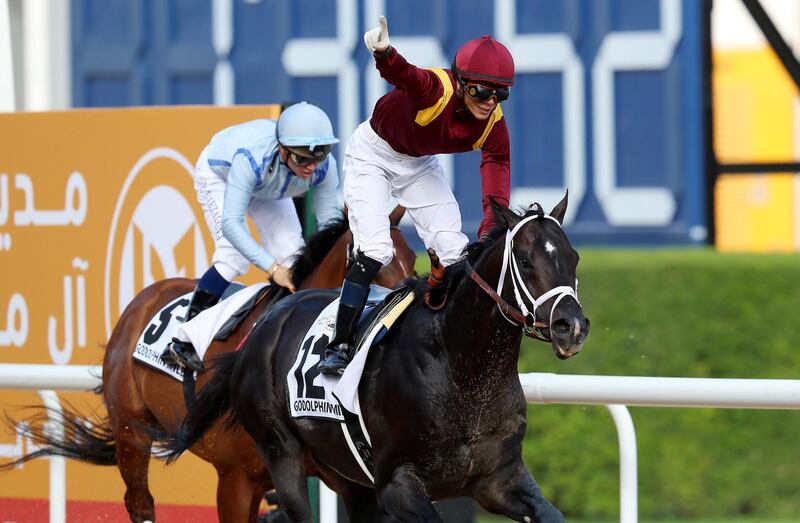 DUBAI , UNITED ARAB EMIRATES , MARCH 30  – 2018 :- Coal Front ( USA  ) ridden by Jose Ortiz ( no 12  ) won the 2nd horse race Godolphin Mile 1600m dirt during the Dubai World Cup held at Meydan Racecourse in Dubai. ( Pawan Singh / The National ) For News/Sports/Instagram/Big Picture. Story by Amith/Rupert