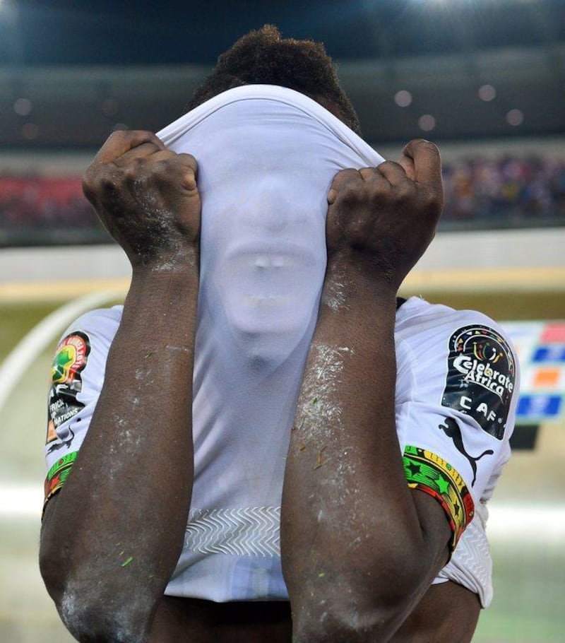 Afriyie Acquah of Ghana cries into his shirt after his team lose the 2015 Africa Cup of Nations final against Ivory Coast on Sunday. Gavin Barker / EPA