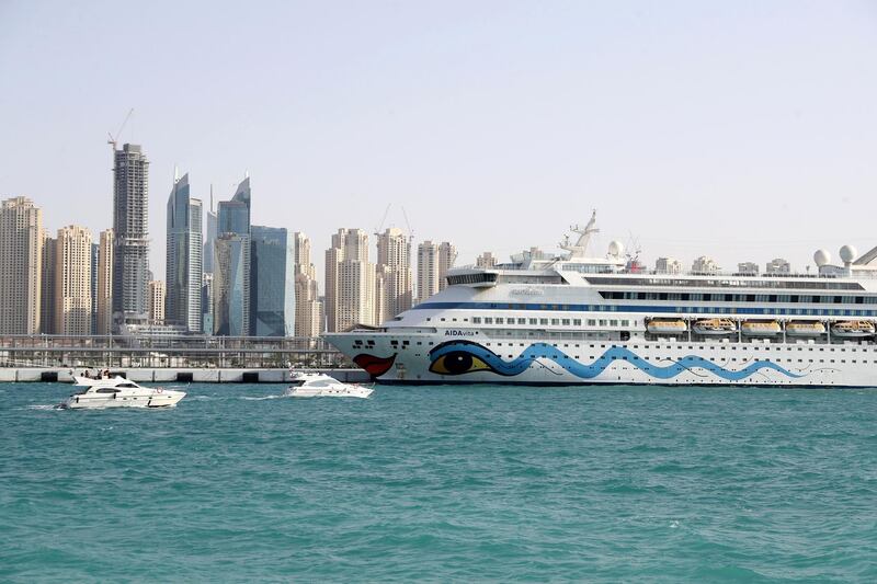 Dubai, United Arab Emirates - Reporter: N/A. News. Two German cruise ships have become the first to dock at the Dubai Cruise Terminal. Sunday, March 21st, 2021. Dubai. Chris Whiteoak / The National