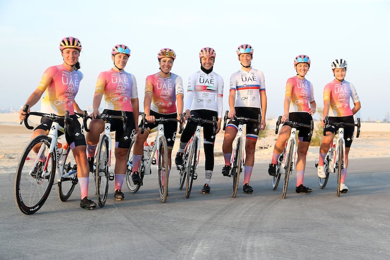 Members of the UAE Team ADQ cycling team during boot camp training at Hudayriat Island in Abu Dhabi. Photo: Pawan Singh / The National