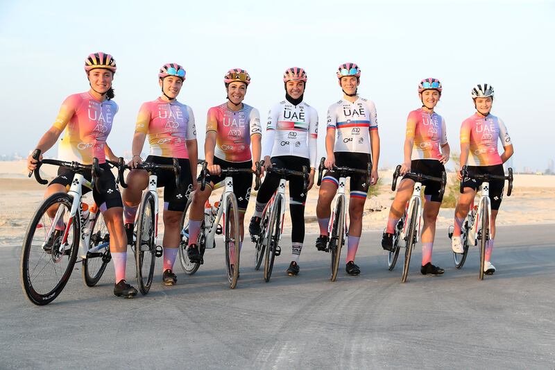 Members of the UAE Team ADQ cycling team during boot camp training at Hudayriat Island in Abu Dhabi. Photo: Pawan Singh / The National