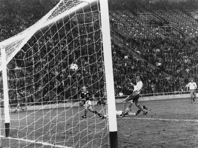 Archie Gemmill scores for Scotland against the Netherlands at the 1978 World Cup in Argentina. Getty