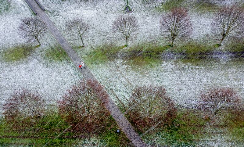 Snow falls in a park in Frankfurt. AP