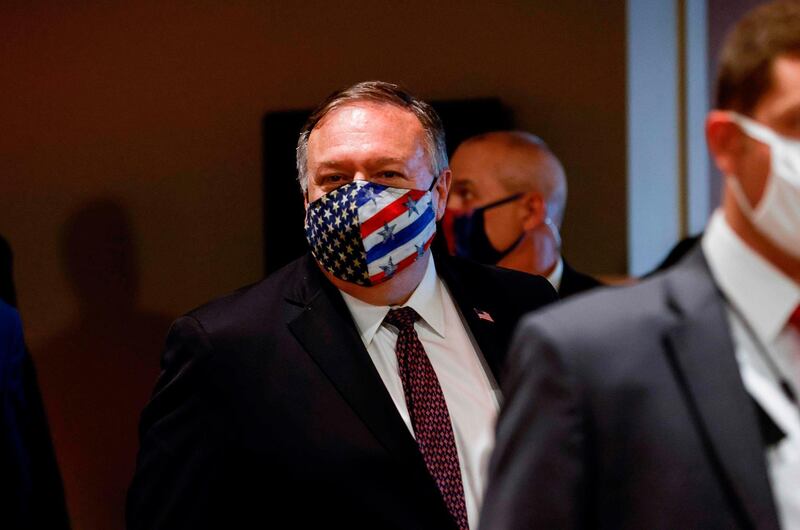 U.S. Secretary of State Mike Pompeo departs a meeting with members of the U.N. Security Council about Iran's alleged non-compliance with a nuclear deal at the United Nations in New York, August 20, 2020.  / AFP / POOL / MIKE SEGAR

