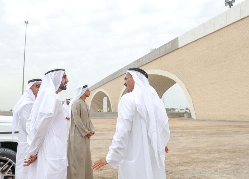 Vice President and Prime Minister of the UAE and Ruler of Dubai His Highness Sheikh Mohammed bin Rashid Al Maktoum reviewed the progress of housing construction and federal roads projects in Ras Al Khaimah. He was accompanied on his visit by Sheikh Mohammed bin Saud bin Saqr Al Qasimi, Crown Prince of Ras Al Khaimah; Lt. General Sheikh Saif bin Zayed Al Nahyan, Deputy Prime Minister and Minister of Interior; Sheikh Mansour bin Zayed Al Nahyan, Deputy Prime Minister and Minister of Presidential Affairs; Mohammad bin Abdullah Al Gergawi, Minister of Cabinet Affairs and The Future; and Dr. Abdullah bin Mohammed Belhaif Al Nuaimi, Minister of Infrastructure Development and Chairman of Sheikh Zayed Housing Programme. Dubai Media Office / Wam