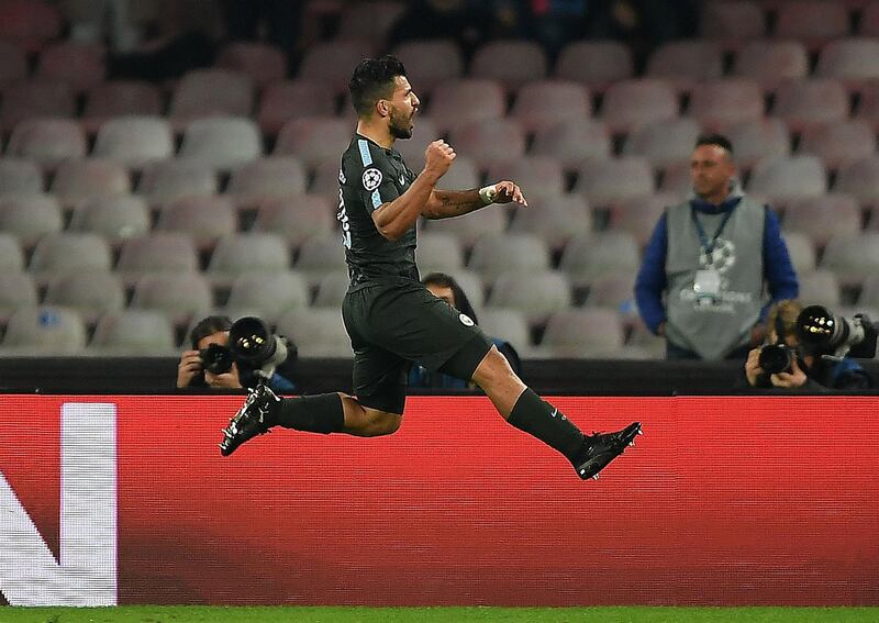 NAPLES, ITALY - NOVEMBER 01: Sergio Aguero of Manchester City celebrates after scoring 2-3 goal during the UEFA Champions League group F match between SSC Napoli and Manchester City at Stadio San Paolo on November 1, 2017 in Naples, Italy.  (Photo by Francesco Pecoraro/Getty Images)