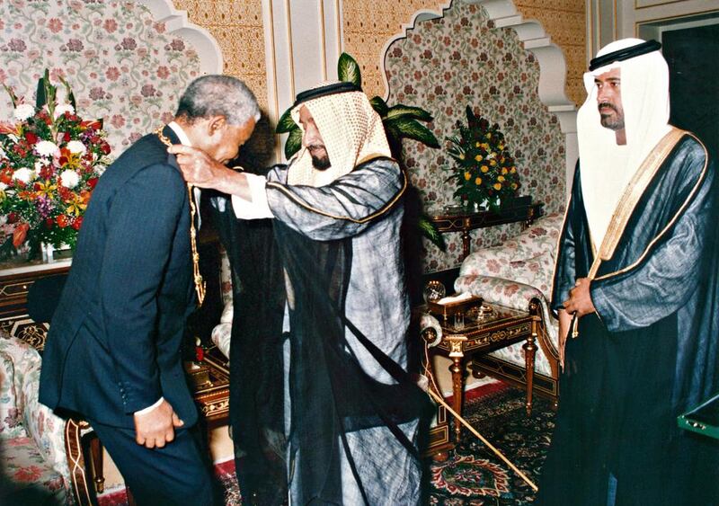 Nelson Mandela is decorated with the Zayed Medal of the First Class.