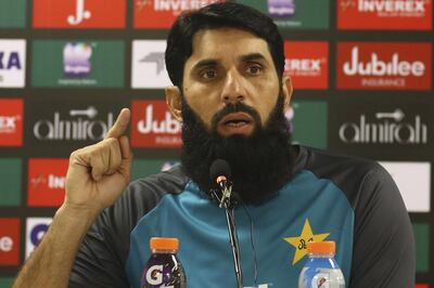 Pakistan's head coach and chief selector Misbah-ul-Haq speaks to reporters in Karachi, Pakistan, Wednesday, Sept. 25, 2019. Misbah said Sri Lanka's top players should have come for the limited-overs series in Pakistan after being assured of head-of-state-like security by the government. (AP Photo/Fareed Khan)
