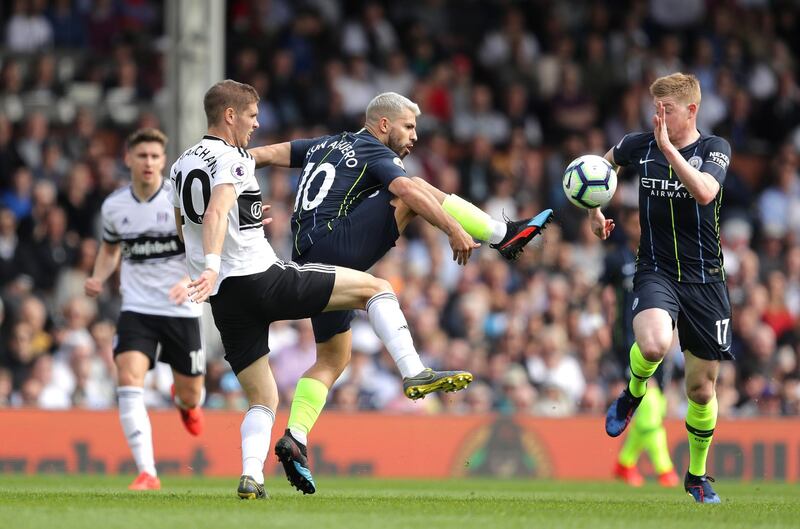 Aguero of Manchester City is challenged by Le Marchand. Getty Images