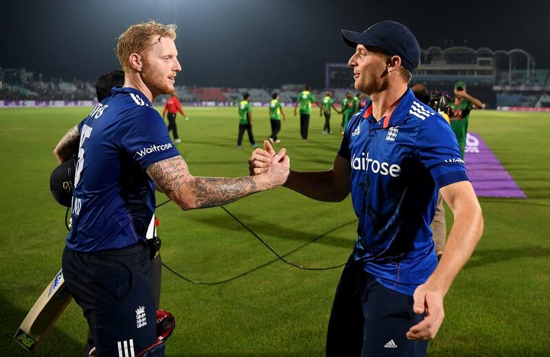 Ben Stokes, left, scored his first ODI century against Bangladesh in Mirpur on October 7, 2016. Getty