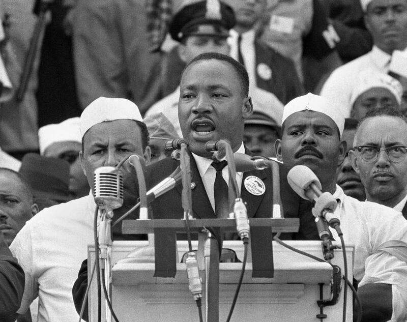 Dr Martin Luther King Jr, head of the Southern Christian Leadership Conference, addresses marchers during his "I Have a Dream" speech at the Lincoln Memorial in Washington. AP Photo