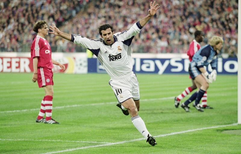 9 May 2001:  Luis Figo of Real Madrid celebrates scoring a goal during the UEFA Champions League Semi-final Second Leg between Bayern Munich and Real Madrid at the Olympic Stadium, Berlin, Germany.  Bayern Munich won the match 2 - 1. \ Mandatory Credit: Mike Hewitt /Allsport