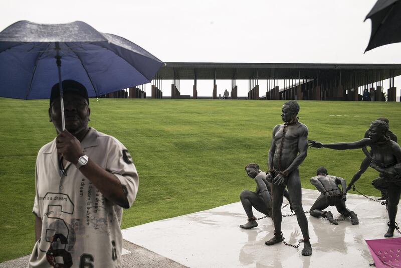 MONTGOMERY, AL - APRIL 26: DJ Briggs, 69, visits the National Memorial For Peace And Justice on April 26, 2018 in Montgomery, Alabama. The memorial is dedicated to the legacy of enslaved black people and those terrorized by lynching and Jim Crow segregation in America. Conceived by the Equal Justice Initiative, the physical environment is intended to foster reflection on America's history of racial inequality.   Bob Miller/Getty Images/AFP