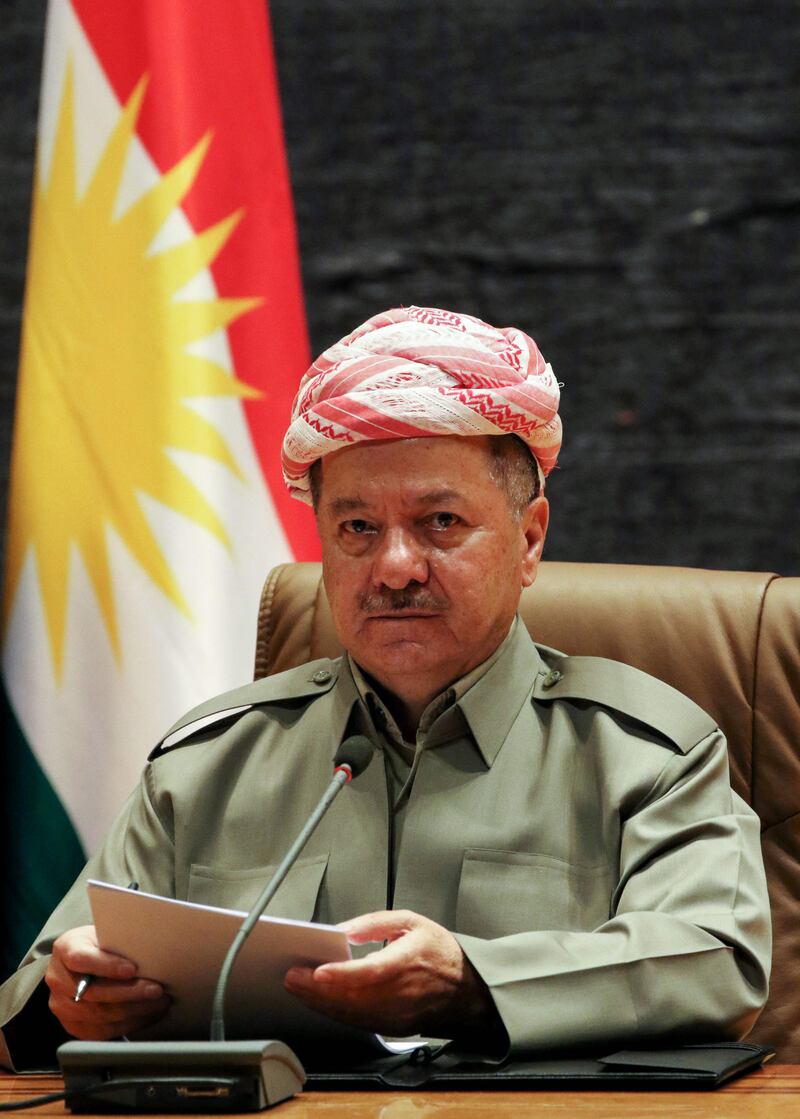 Iraq's Kurdistan region's president Massud Barzani looks on during a meeting with Muslim and Christian clerics of the Kurdistan region in Arbil, the capital of the Kurdish autonomous region in northern Iraq, on August 9, 2017, urging them to encourage people to participate in the upcoming independence referendum in September 2017. / AFP PHOTO / SAFIN HAMED