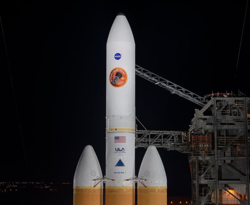 A photo made available by NASA shows the Mobile Service Tower is rolled back to reveal the United Launch Alliance Delta IV Heavy rocket with the Parker Solar Probe onboard. EPA/NASA