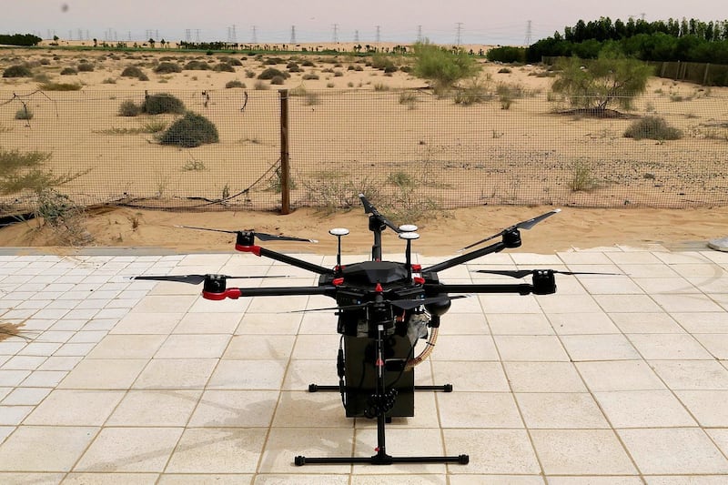 DUBAI, UNITED ARAB EMIRATES , March 16, 2021 – Cafu is using drones to plant 1 million Ghaf seeds in the UAE giving live demo at the Sanad Academy, Skyhub RC Club in Dubai. (Pawan Singh / The National) For News/Online/Instagram/Big Picture. Story by Patrick