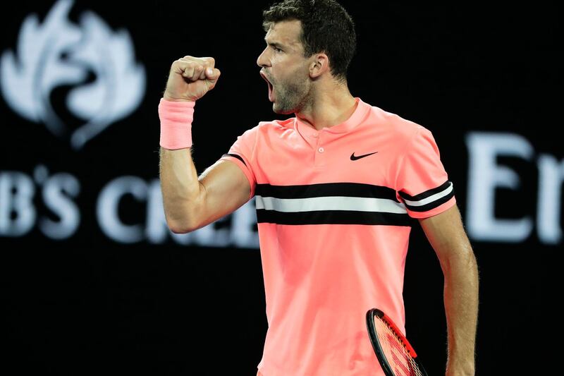 epa06460492 Grigor Dimitrov of Bulgaria reacts during his fourth round match against Nick Kyrgios of Australia at the Australian Open Grand Slam tennis tournament in Melbourne, Australia, 21 January 2018.  EPA/MARK CRISTINO