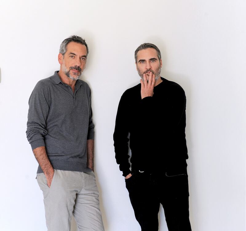 This Sept. 20, 2019 photo shows director Todd Phillips, left, and actor Joaquin Phoenix during a portrait session for the film "Joker," at the Four Seasons Hotel in Beverly Hills, Calif. (AP Photo/Richard Hartog)