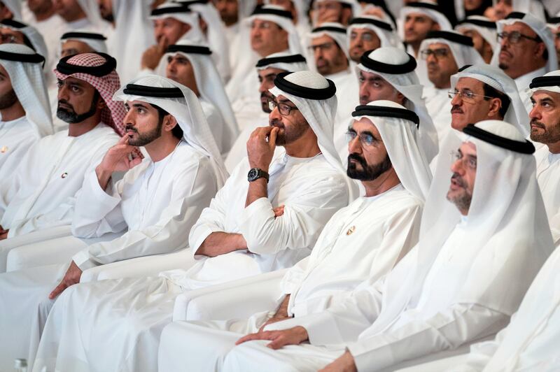 ABU DHABI, UNITED ARAB EMIRATES - September 27, 2017: (R-L) HH Sheikh Sultan bin Mohamed Al Qasimi, Crown Prince of Sharjah, HH Sheikh Mohamed bin Rashid Al Maktoum, Vice-President, Prime Minister of the UAE, Ruler of Dubai and Minister of Defence, HH Sheikh Mohamed bin Zayed Al Nahyan, Crown Prince of Abu Dhabi and Deputy Supreme Commander of the UAE Armed Forces, HH Sheikh Hamdan bin Mohamed Al Maktoum, Crown Prince of Dubai, and HH Sheikh Ammar bin Humaid Al Nuaimi, Crown Prince of Ajman, attend the launch of the Abu Dhabi Government initiative 'Tomorrow's leaders are making the future', during the UAE Government annual meeting at The St Regis Saadiyat Island Resort.


( Hamad Al Kaabi / Crown Prince Court - Abu Dhabi )
���