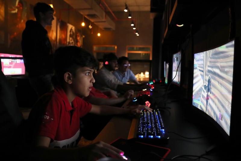 DUBAI, UNITED ARAB EMIRATES , Feb 8  – 2020 :- Young people playing games at the ALT gaming lounge in Dubai Investment Parks in Dubai. (Pawan  Singh / The National) For Feature. Story by Ashleigh Stewart