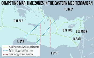 Map shows competing maritime borders according to agreements made by Athens and Cairo, Tripoli and Ankara